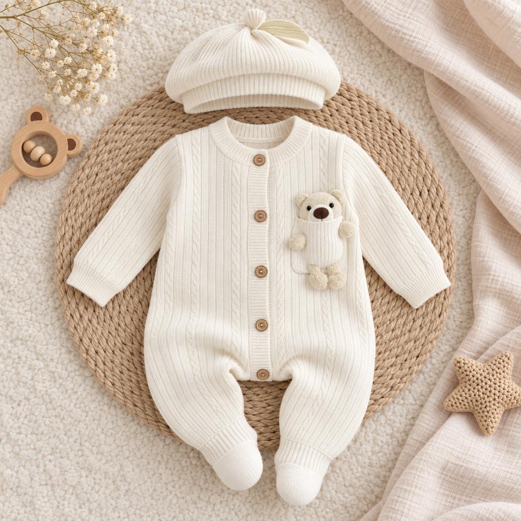Cream textured knit-look baby romper and matching top-knot beret cap, shown flat with a teddy bear peeking from the chest pocket.