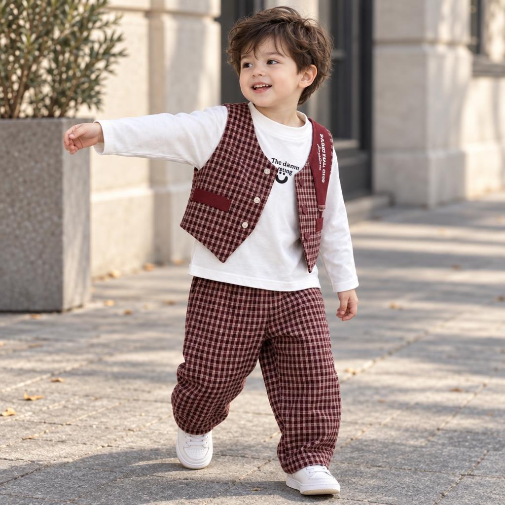 Little boy wearing the Red checked vest, White long-sleeve shirt and matching relaxed cuffed trousers, showing the contrast Black vest trim outdoors.