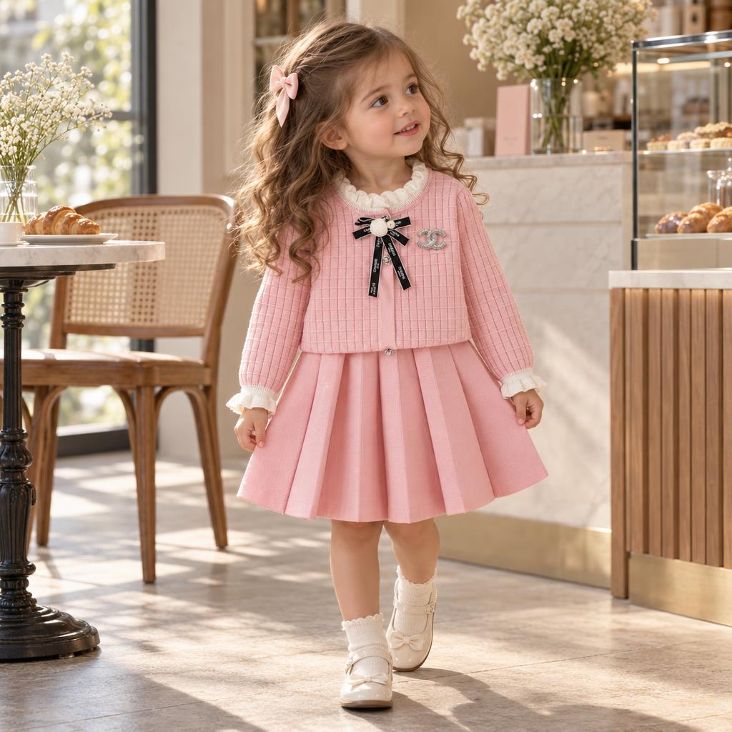 Girl modelling the Pink textured sweater and pleated skirt set with Cream ruffle collar, Black ribbon bow and chest applique.