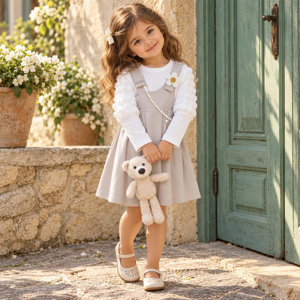Girl wearing the Beige pinafore-style frock over a White long-sleeve shirt, showing the smiley flower strap details and bow-trimmed sides.