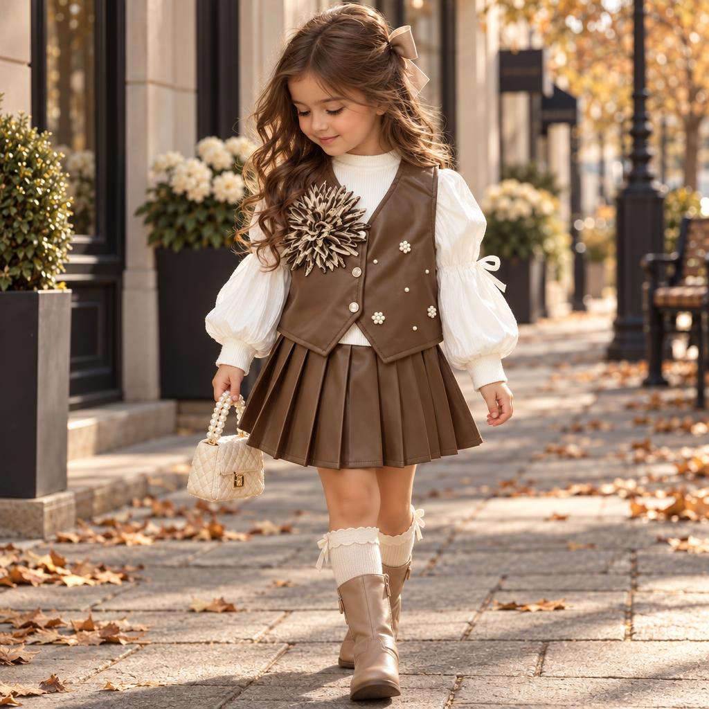 Girl wearing the Brown leather-look vest, White puff-sleeve shirt and matching pleated skirt set, featuring a large flower applique and pearl details.