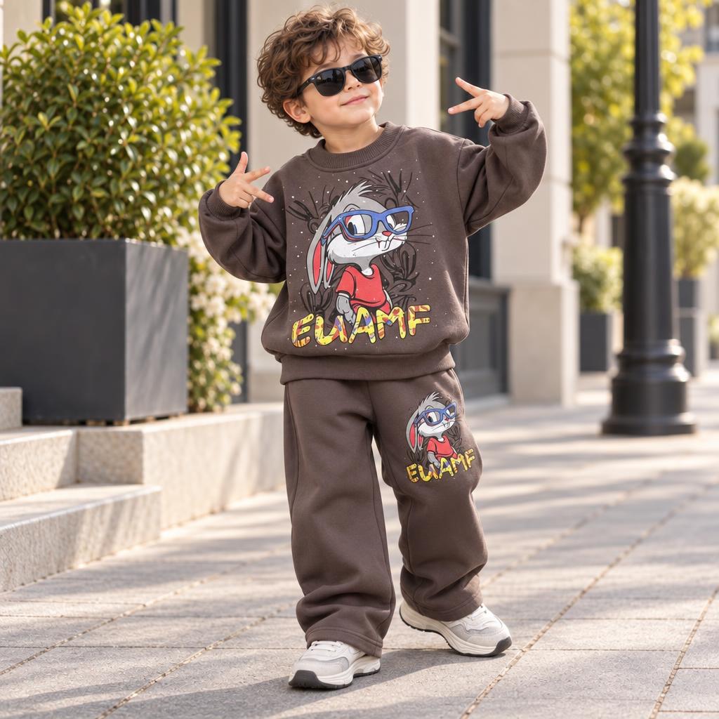 Boy modelling the Dark Brown bunny graphic sweatshirt and matching jogger trouser set outdoors, with colourful sunglasses bunny artwork on the front.