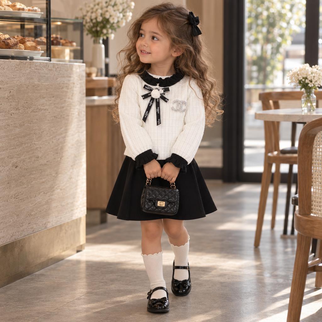 Girl wearing the Cream textured sweater and Black pleated skirt set, shown with Black ruffle trims and a matching statement bow.