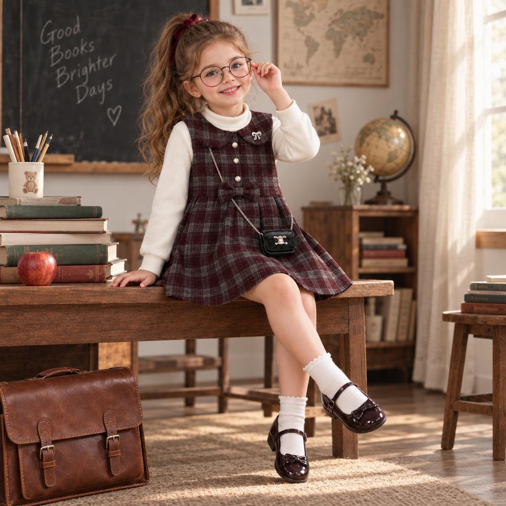 Girl wearing the Red check pinafore frock with a White high-neck shirt, pearl-look button front and black mini crossbody bag.