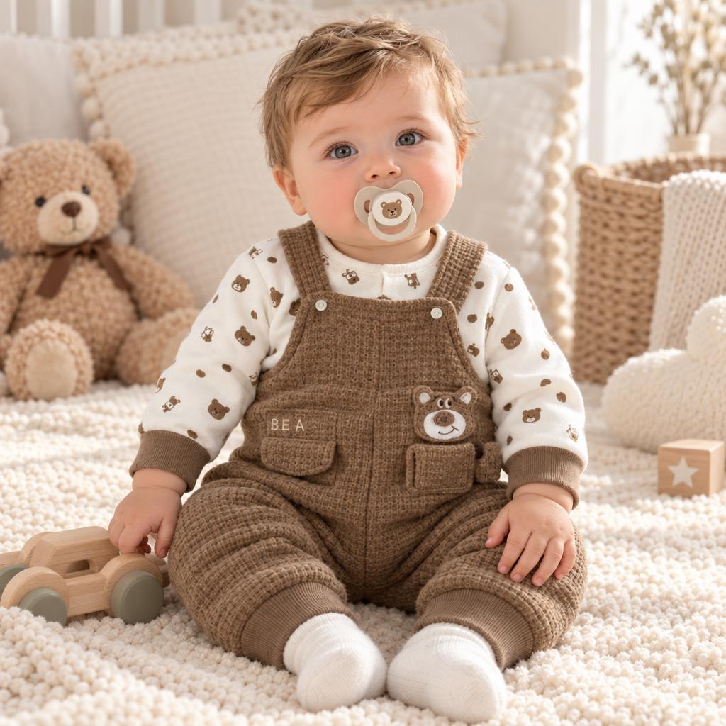 Baby wearing the Brown textured bear dungaree and white all-over bear-print shirt, showing the front bib applique and patch pockets.