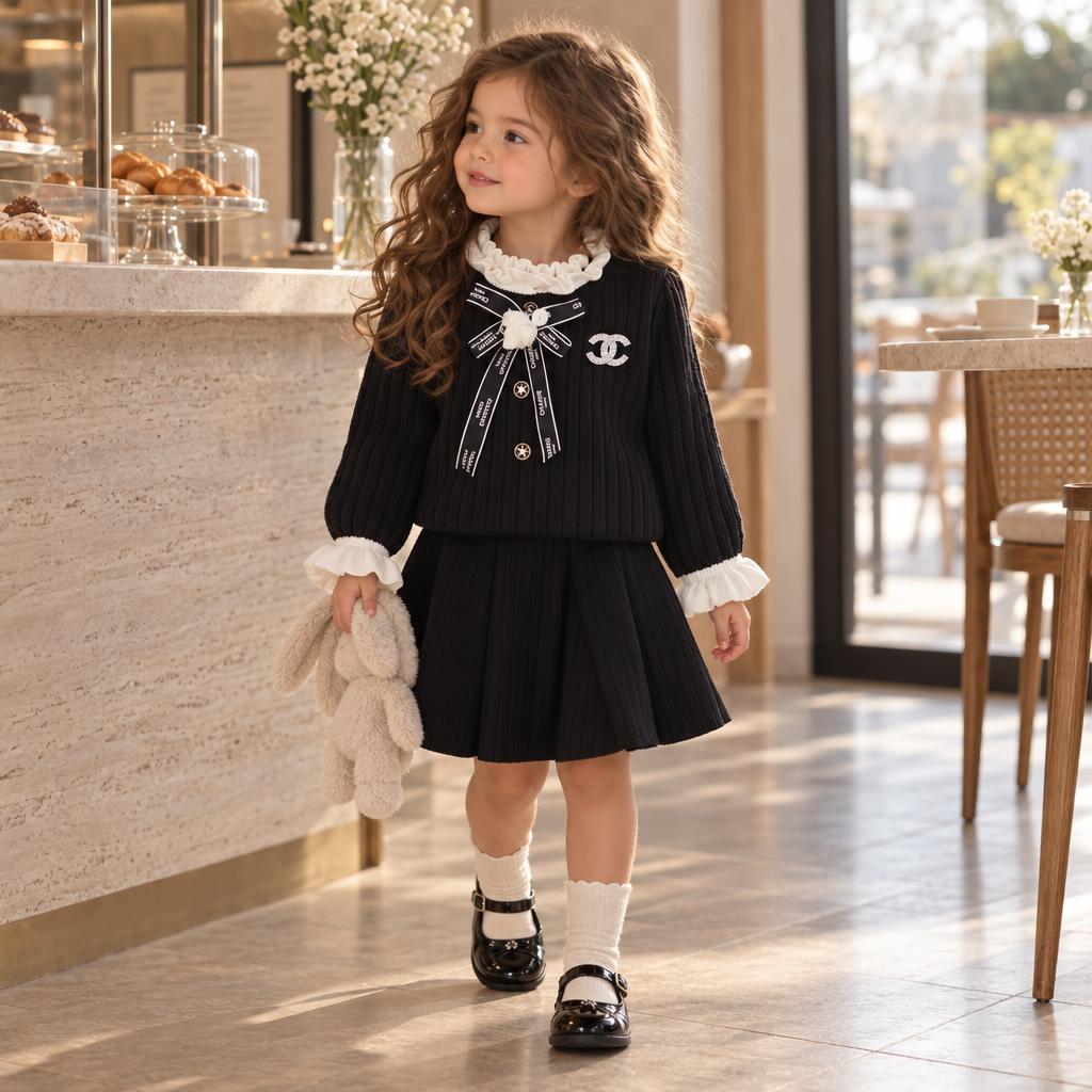 Girl wearing the Black textured sweater and pleated skirt set with Cream ruffle collar and cuffs, holding a plush bunny.