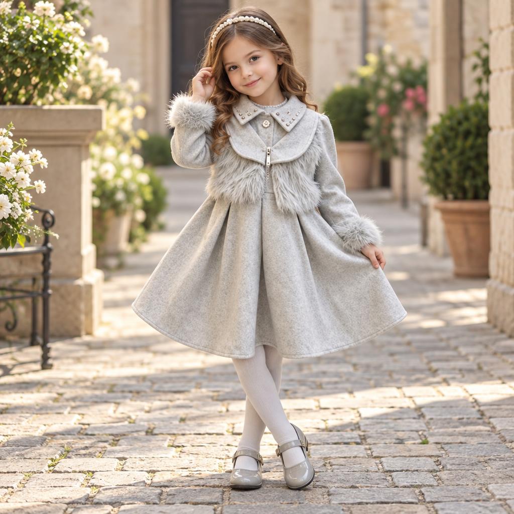 Girl modelling the grey fur panel frock and tights set outdoors, highlighting the embellished collar, grey furry trim and full flared skirt.