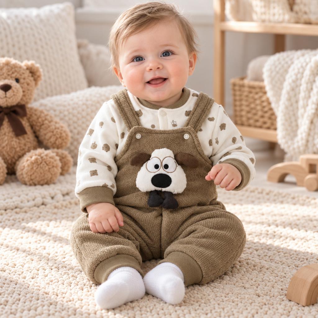 Baby wearing the Olive Green puppy applique dungaree with a white printed long-sleeve shirt in a cosy nursery setting.