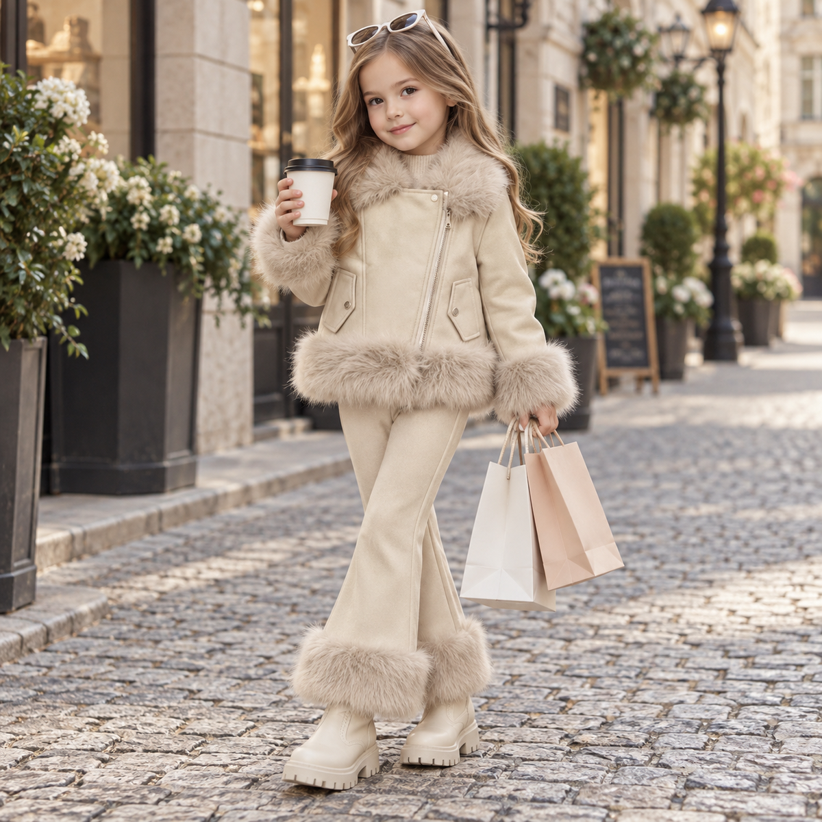 Girls fur-trim jacket and trouser set in Beige