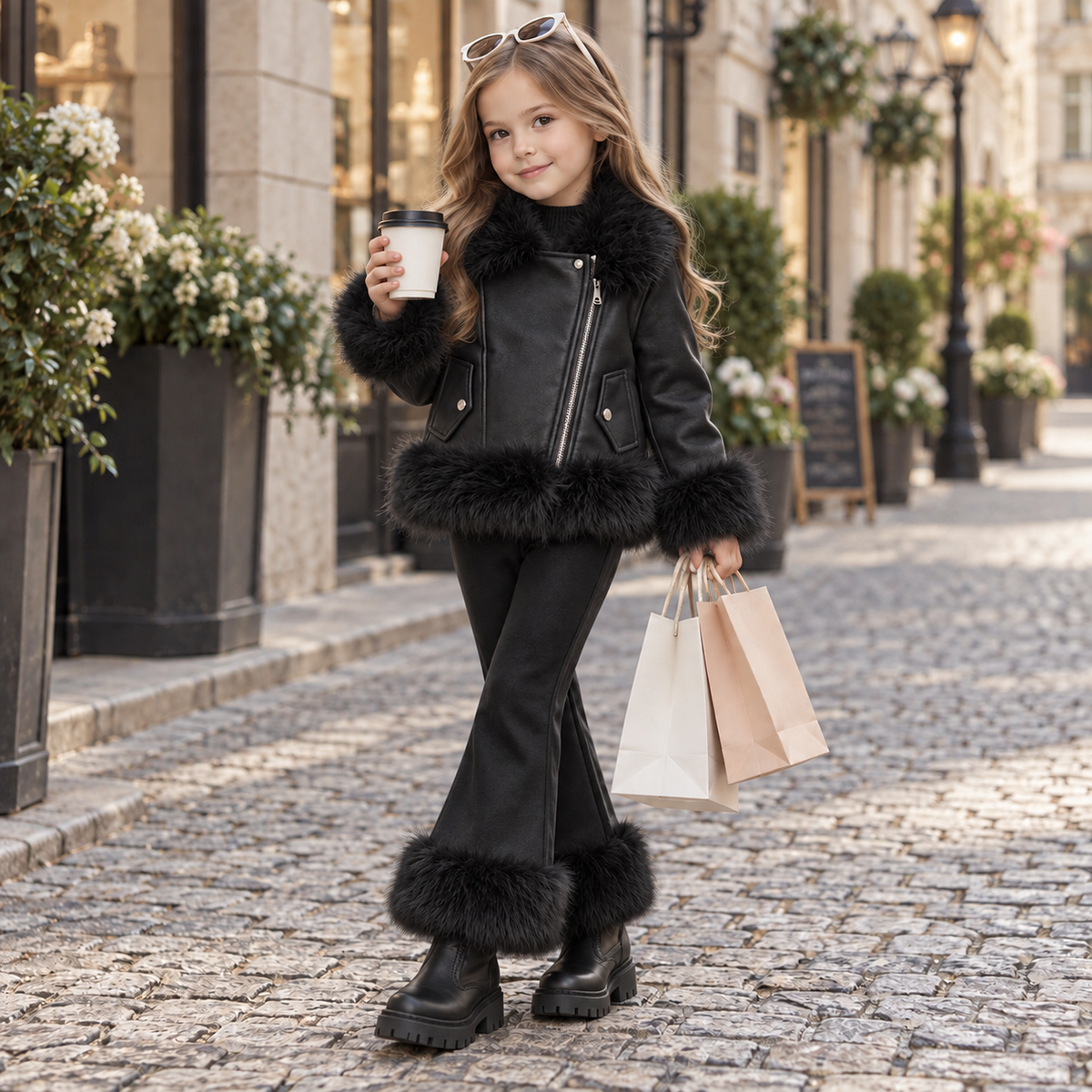 Girls fur-trim jacket and trouser set in Black