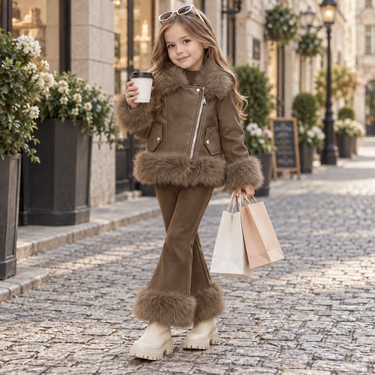 Girls fur-trim jacket and trouser set in Brown