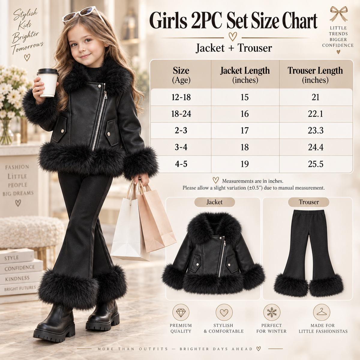 Girls fur-trim jacket and trouser set size chart