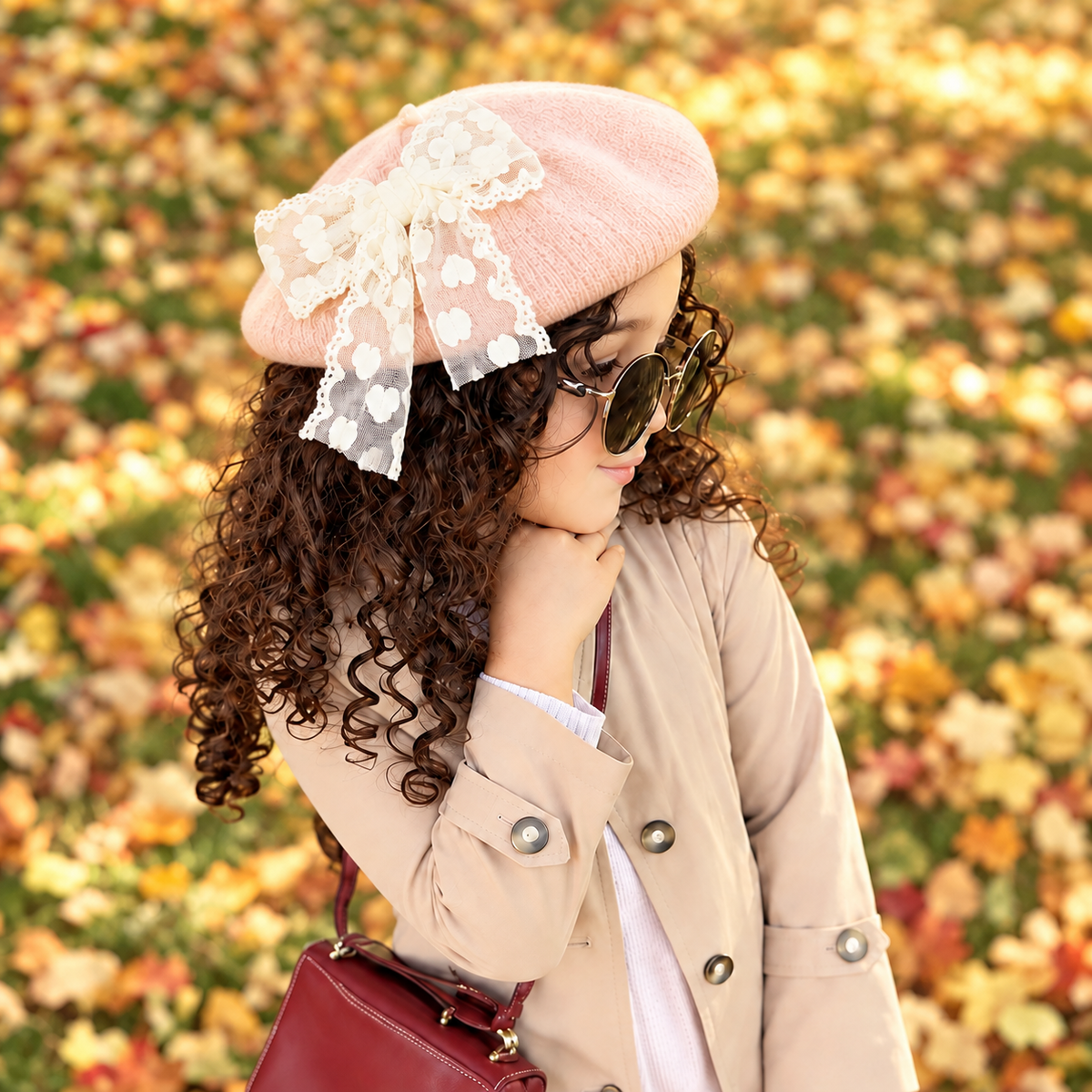 Girl wearing a Light Pink knit-look beret cap with a large Cream floral lace bow in an autumn outdoor portrait.