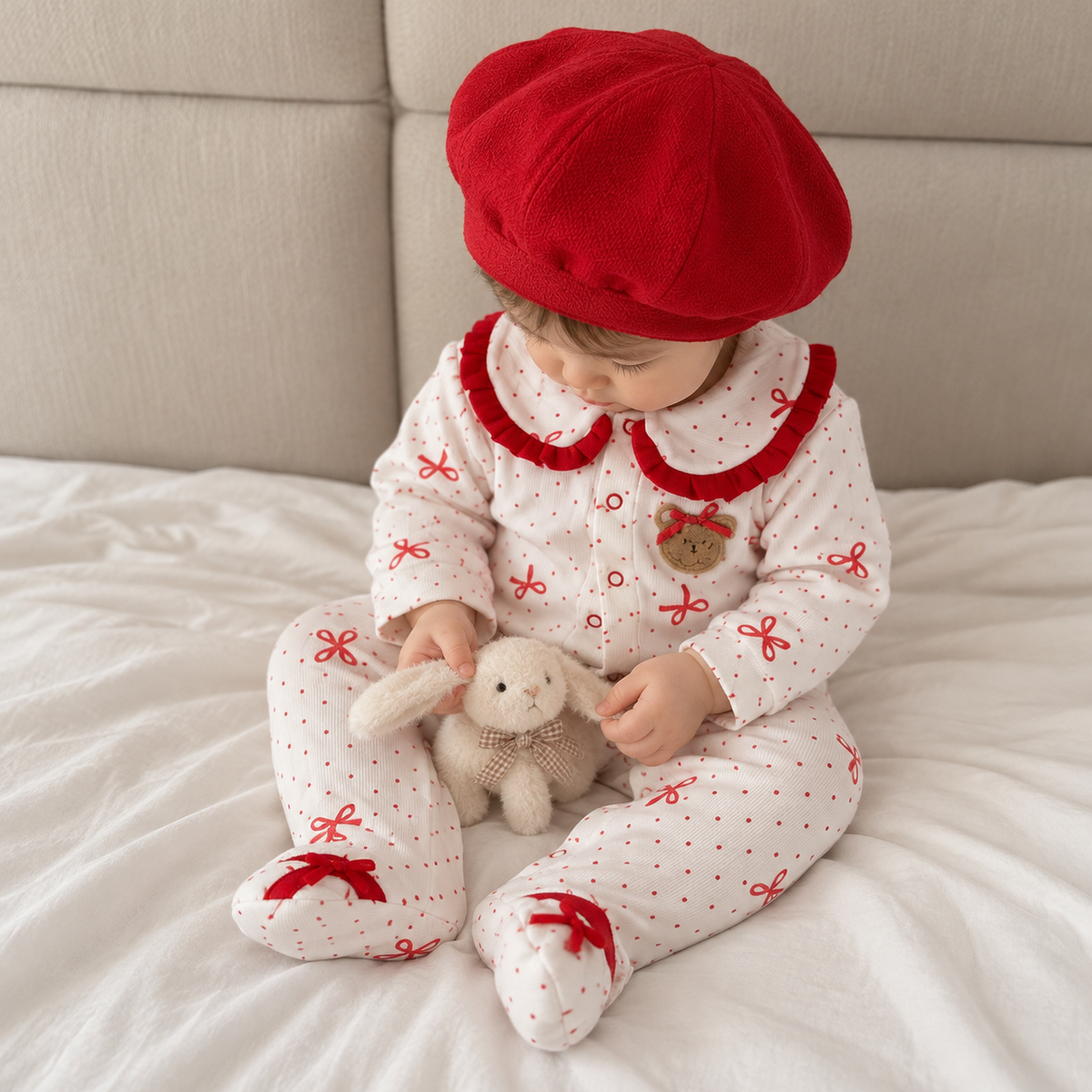 Baby wearing the Cream and Red bow-print footed romper with a ruffled collar, bear chest applique and oversized Red beret cap while seated with a bunny toy.