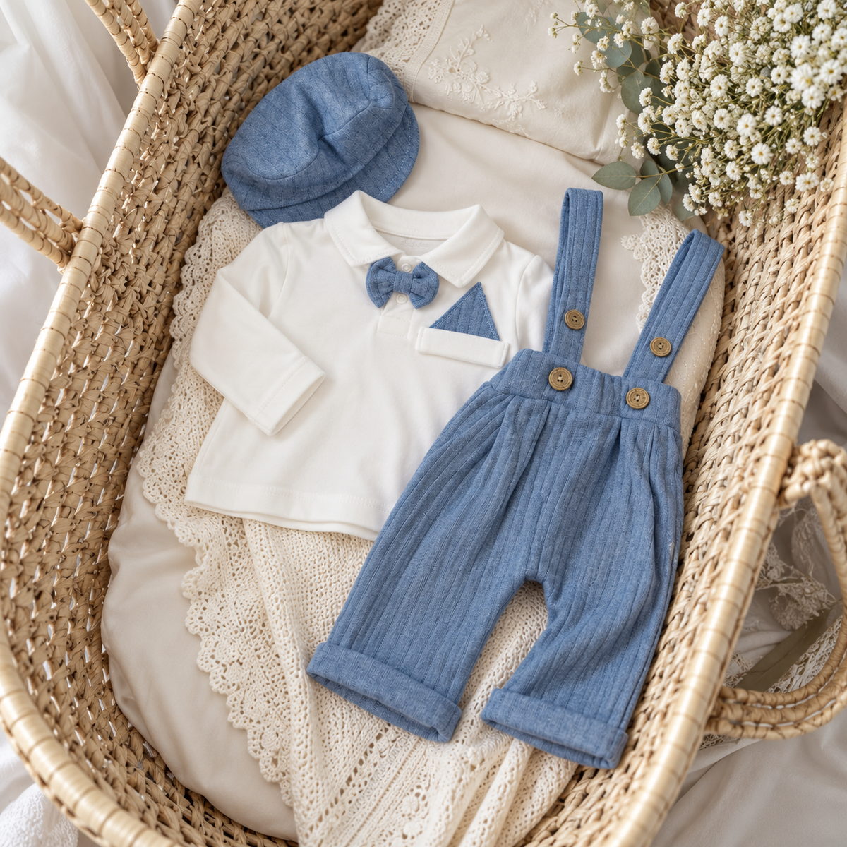 Blue ribbed baby dungaree suit 3pc set laid in a wicker bassinet with White shirt, Blue bow tie, pocket square and cap