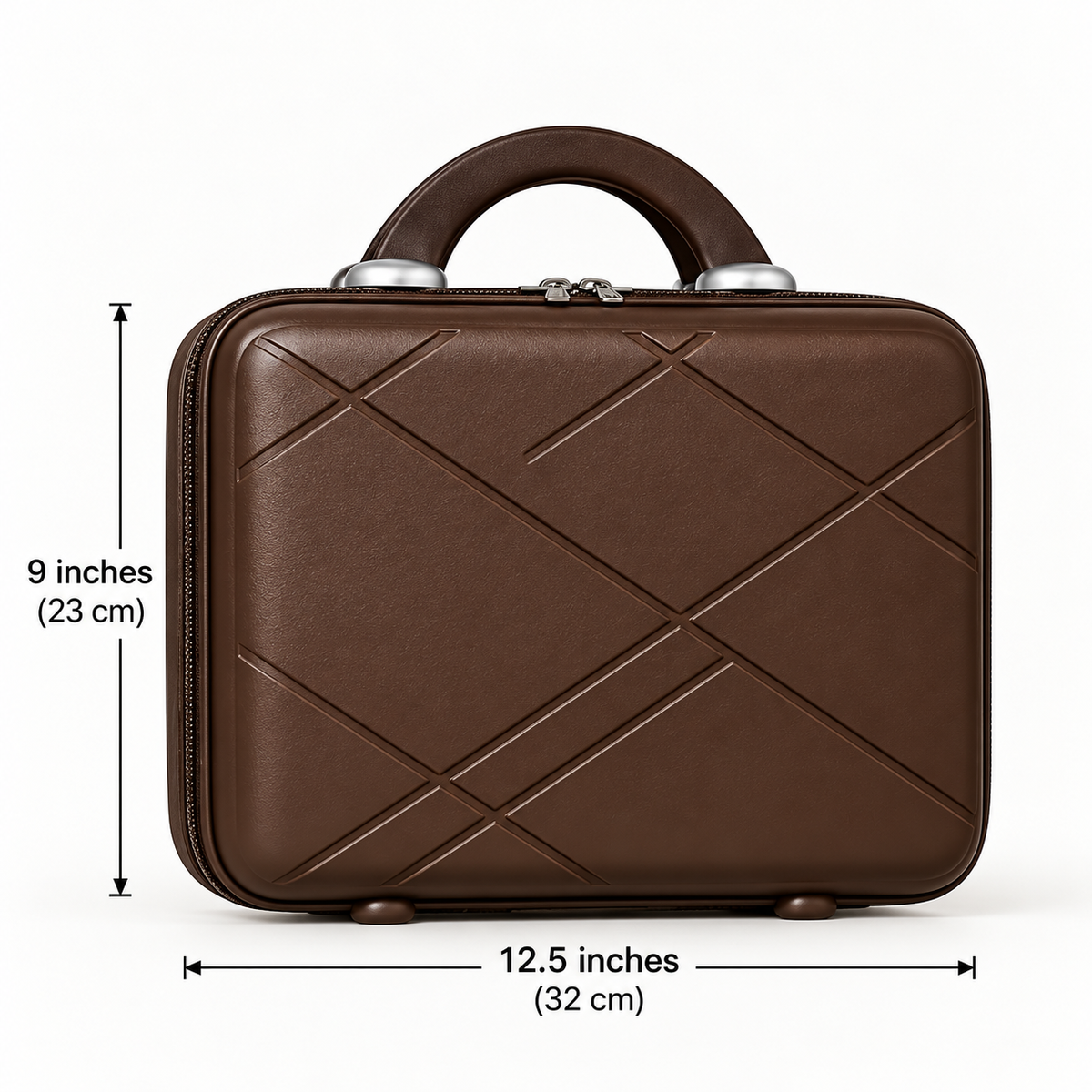 Brown geometric hard suit case measurement chart showing an approximate width of 12.5 inches or 32 cm and height of 9 inches or 23 cm.
