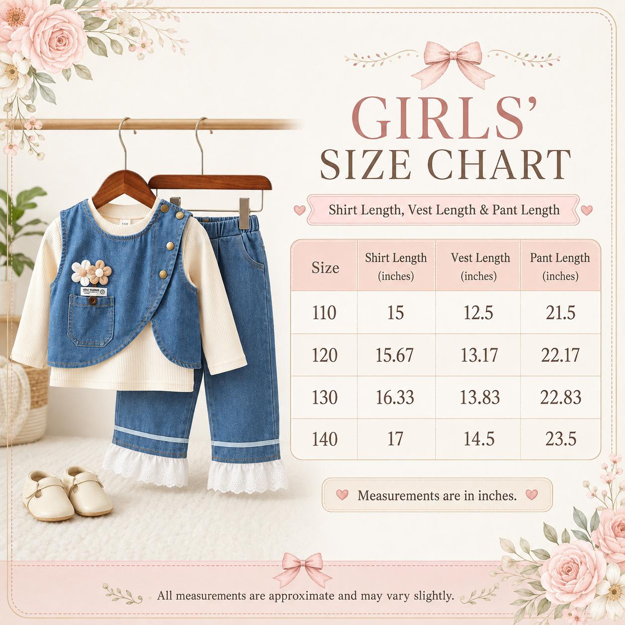 Girls Denim Vest 3-Piece Outfit Set with Lace Hem Pants