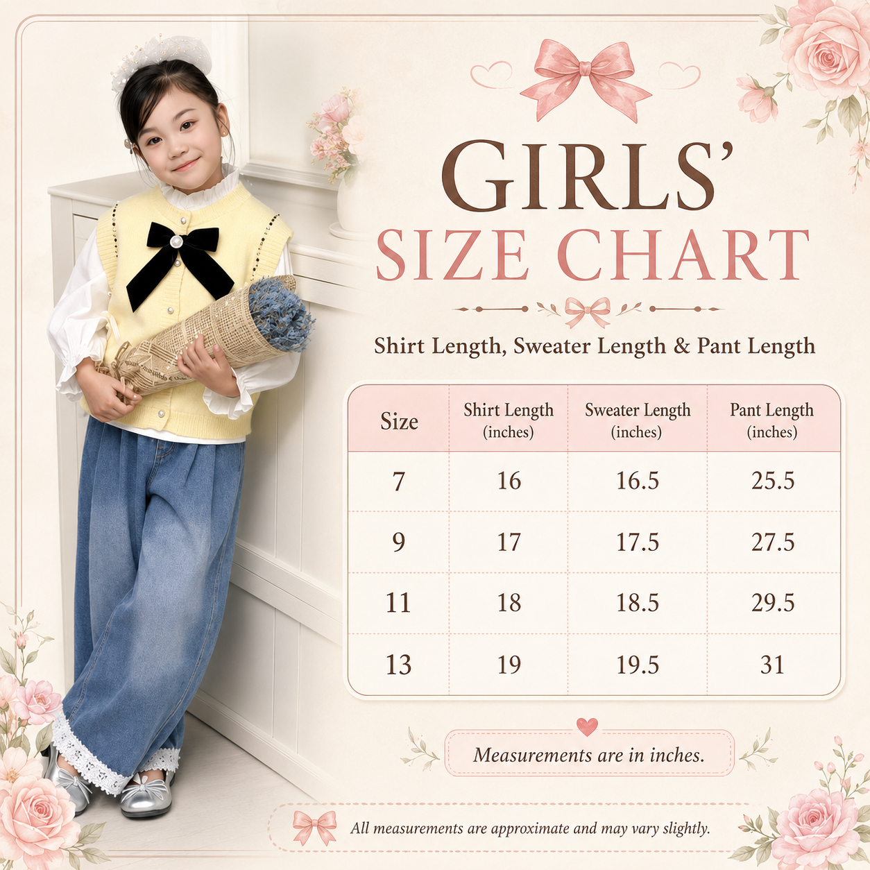 Girls Pearl Bow Knit Vest & Wide Leg Jeans Set – 3 Piece