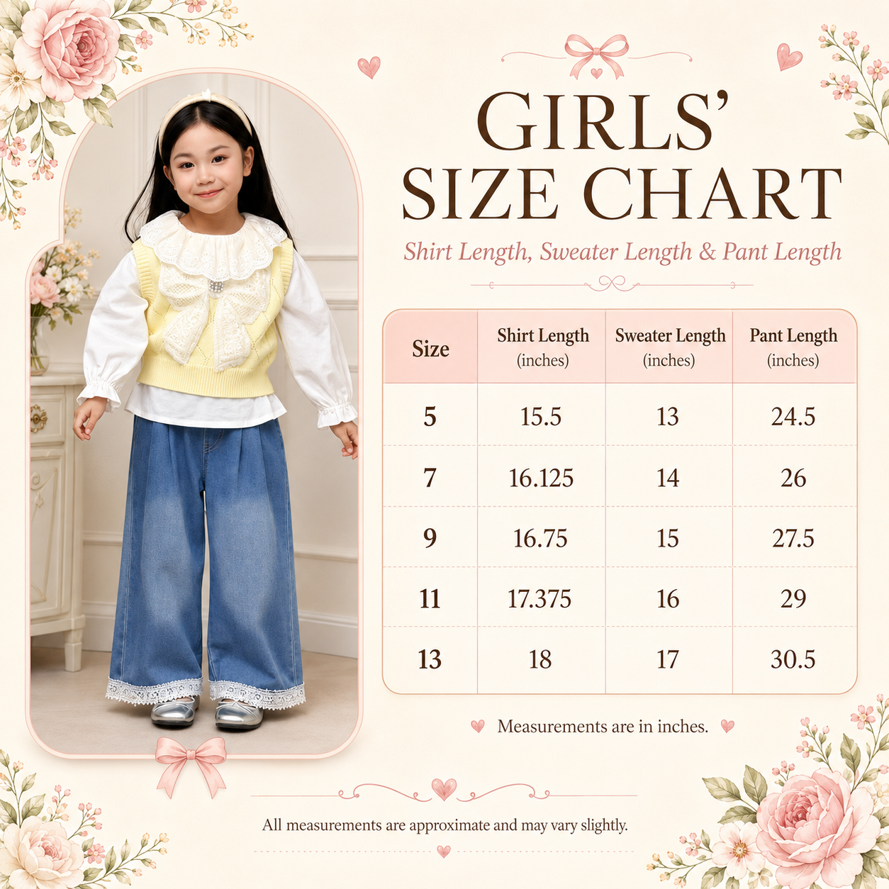 Girls Lace Bow Knit Top & Wide Leg Jeans Set – 3 Piece
