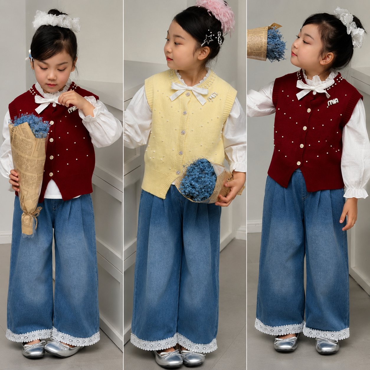 Girls Pearl Knit Vest & Wide Leg Jeans 3-Piece Set