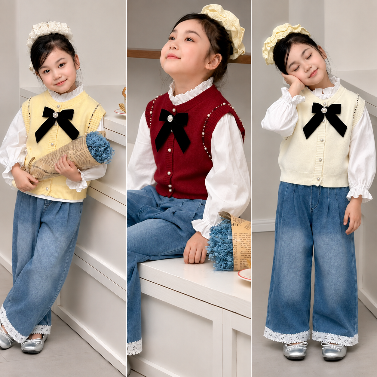 Girls Pearl Bow Knit Vest & Wide Leg Jeans Set – 3 Piece