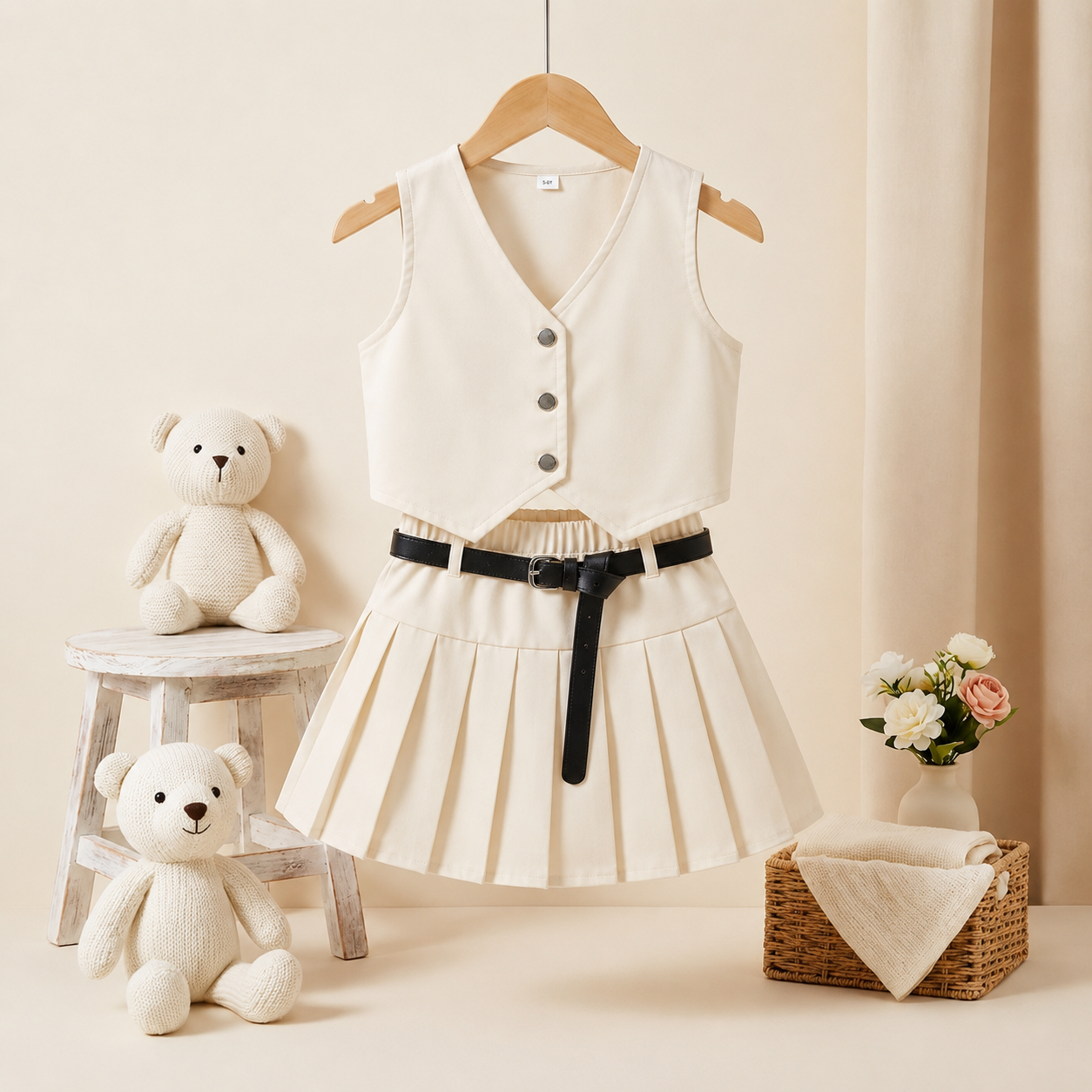 Girls Pleated Skirt & Crop Vest Set with Belt – 2 Piece