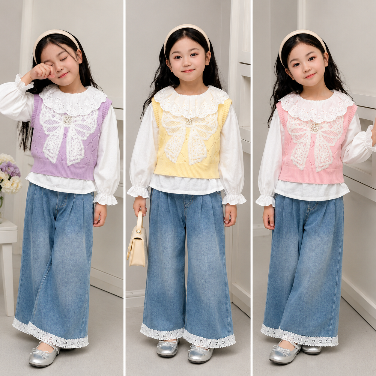 Girls Lace Bow Knit Top & Wide Leg Jeans Set – 3 Piece