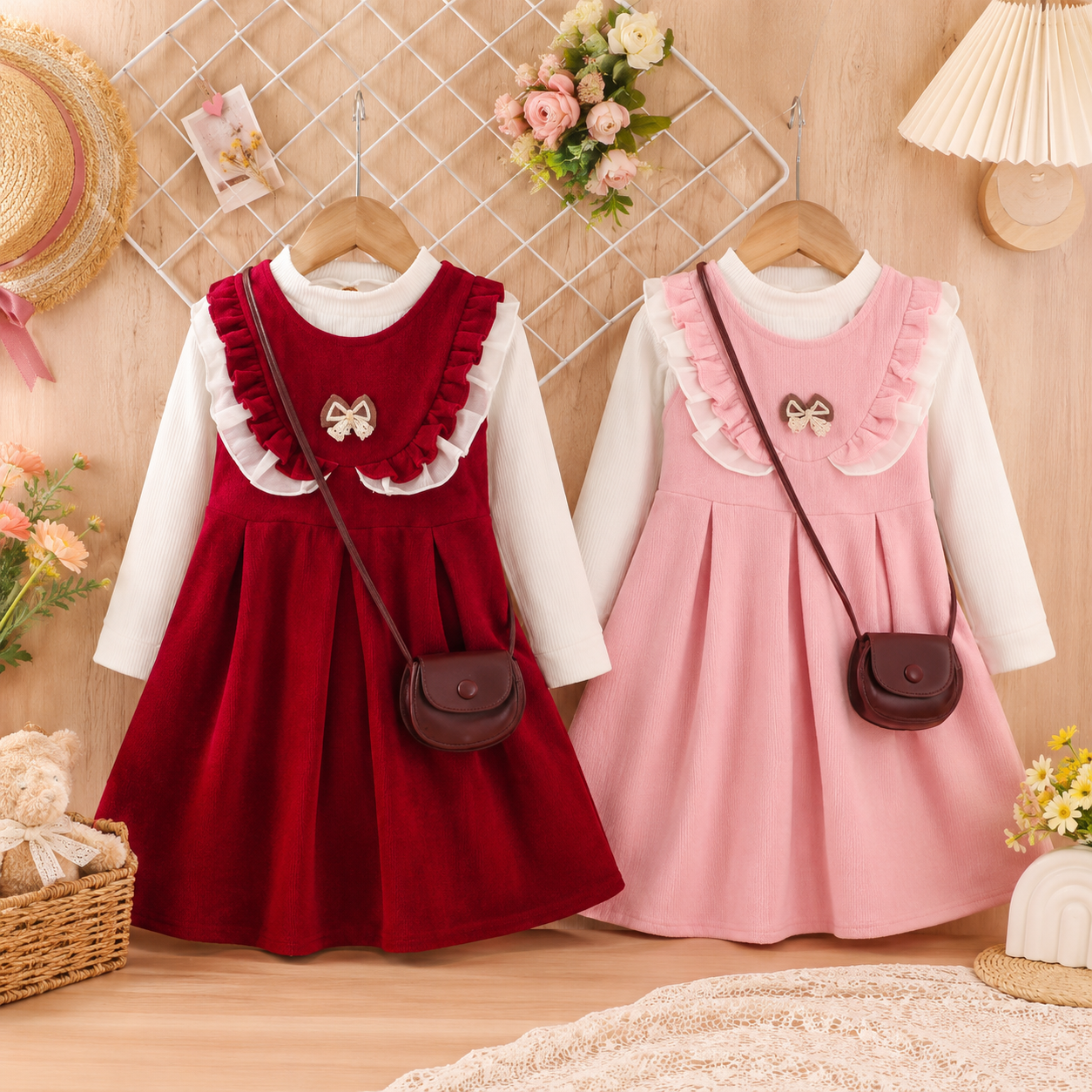 Girls Ruffle Collar Corduroy Dress with Crossbody Bag – 3Piece Set