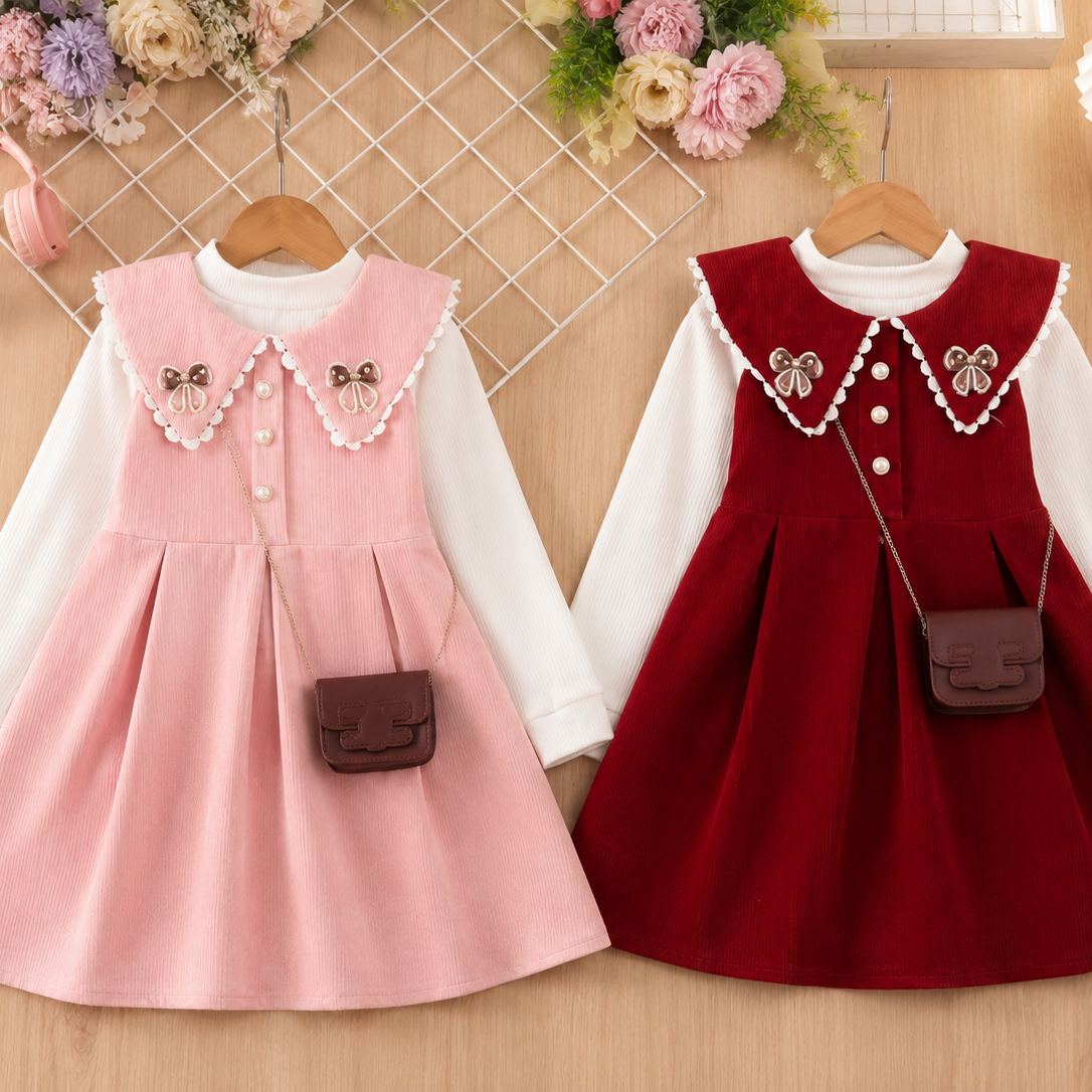 Girls Corduroy Collar Dress with Crossbody Bag – 3 Piece Set