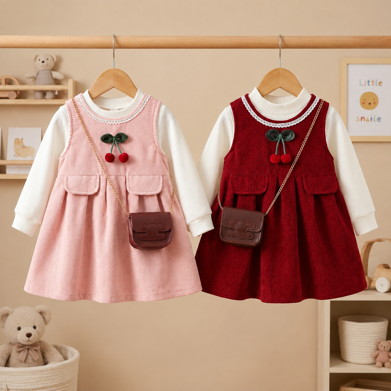 Girls Corduroy Pinafore Dress 3-Piece Set with Mini Crossbody Bag
