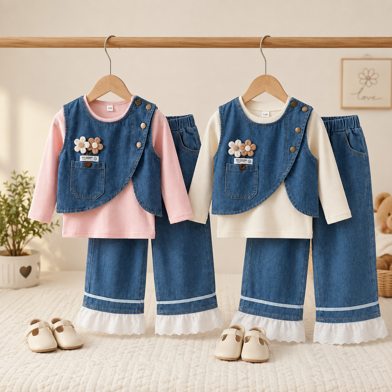 Girls Denim Vest 3-Piece Outfit Set with Lace Hem Pants