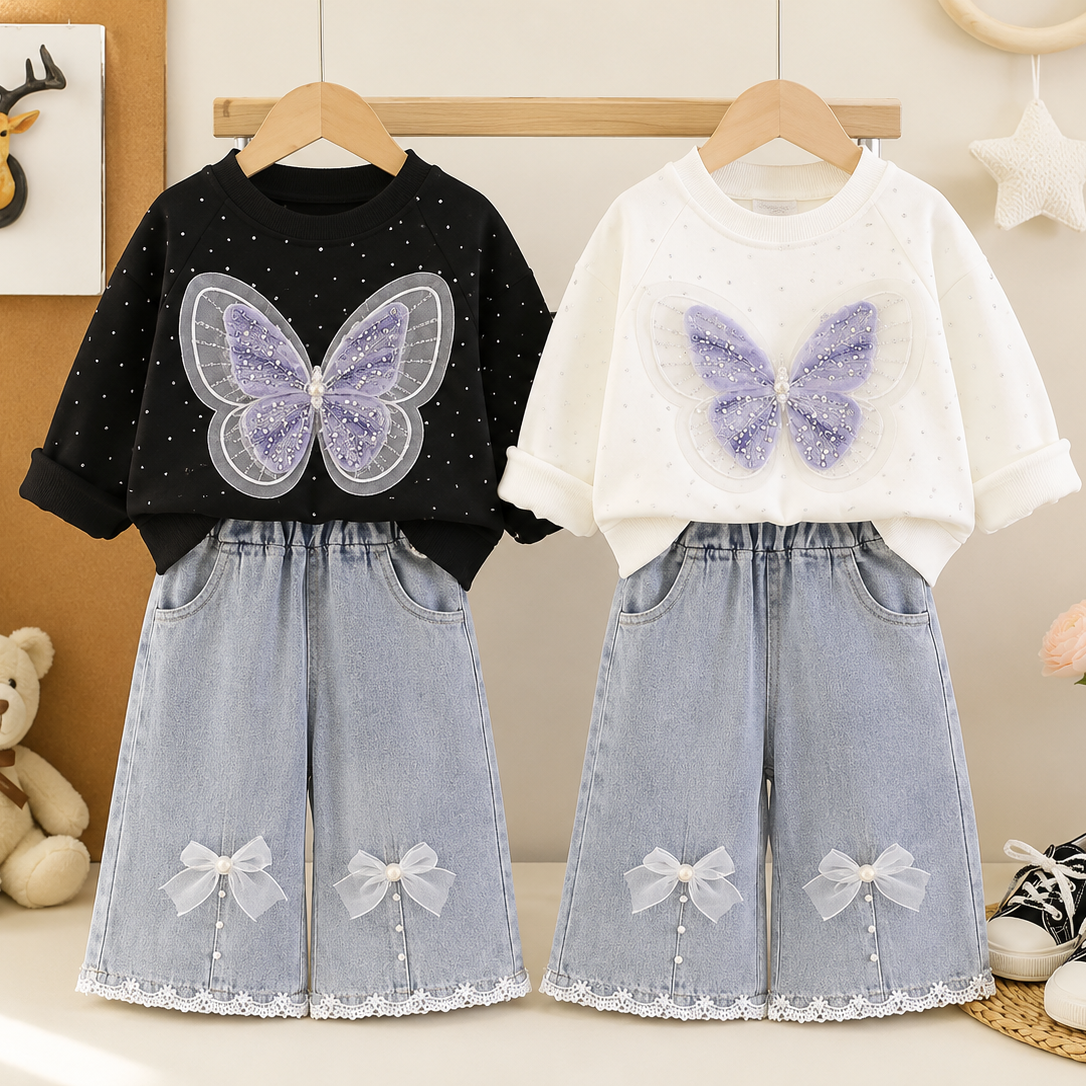 Girls Butterfly Sweatshirt & Denim Culottes Set – 2 Piece