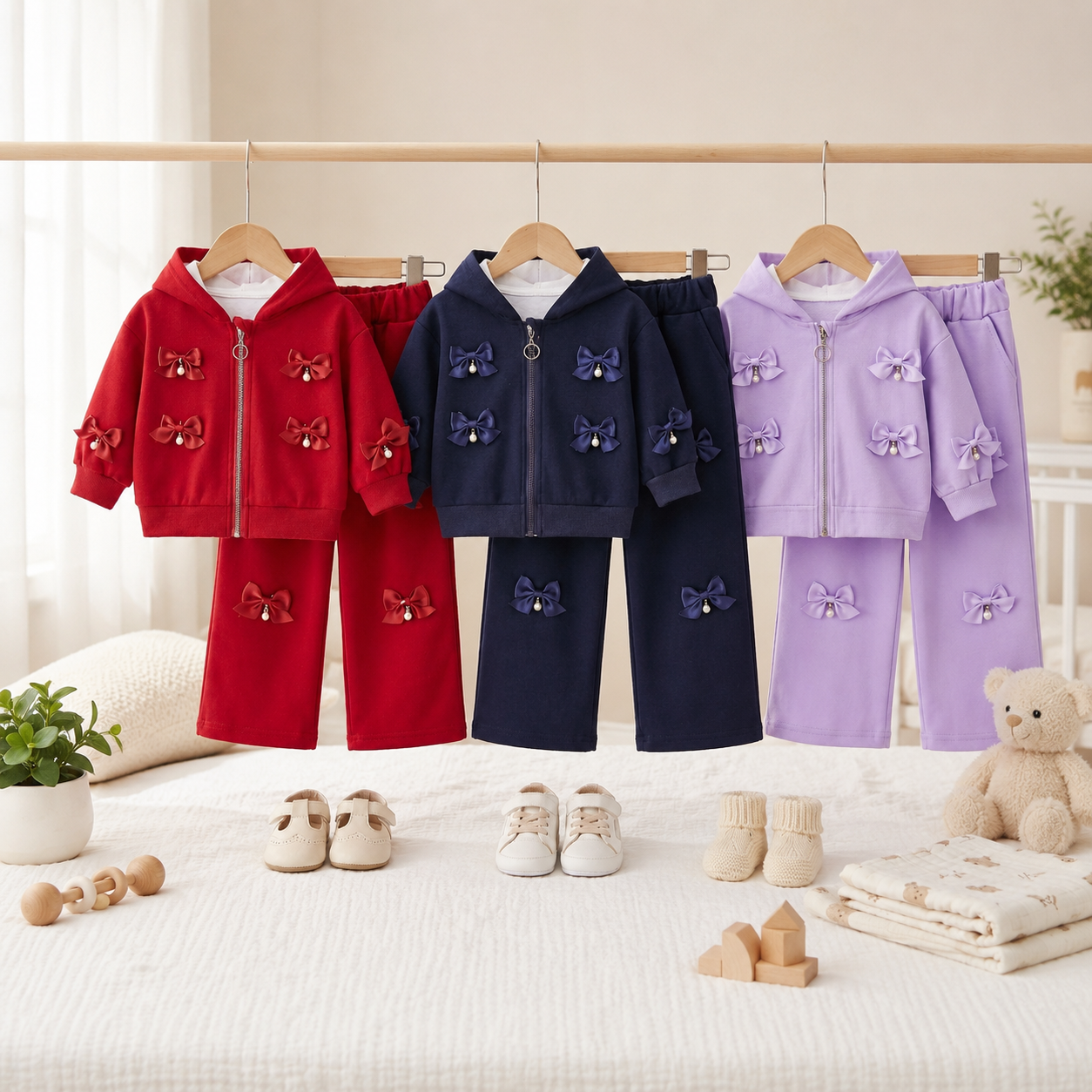 Girls Bow Hoodie & Wide Leg Pants Set – 2 Piece