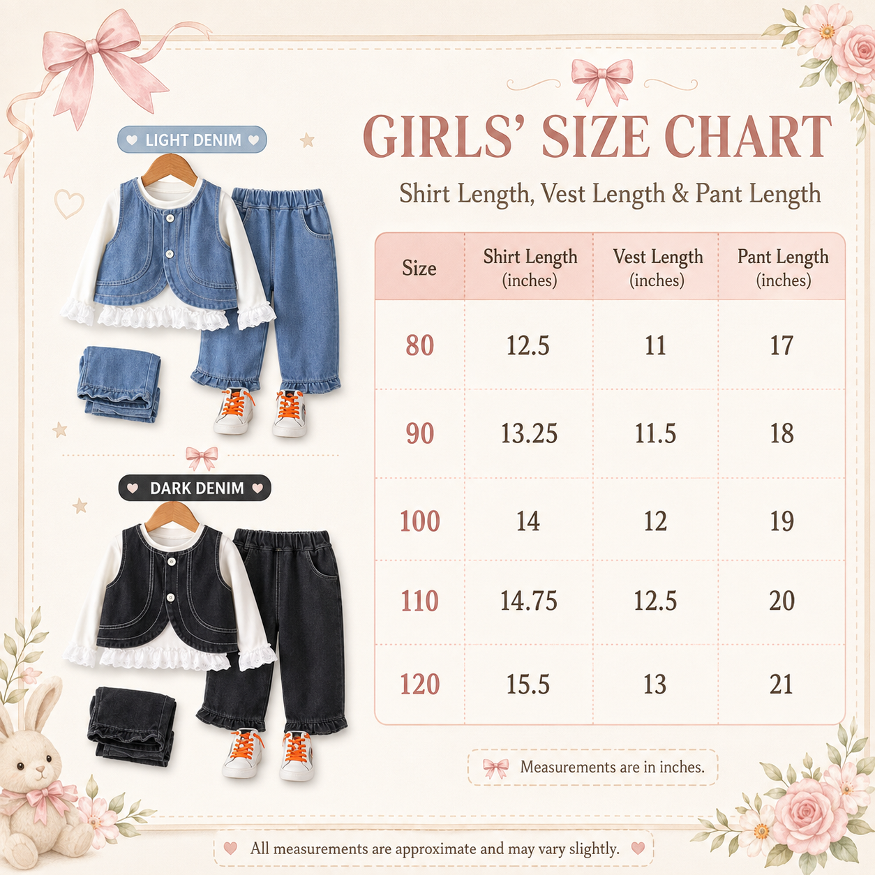 Girls Denim Vest, Ruffle Top & Pants Set – 3 Piece