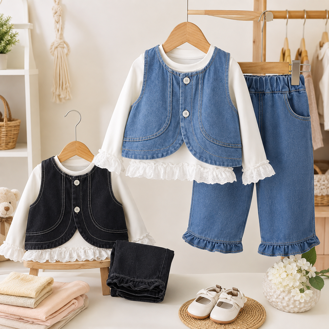 Girls Denim Vest, Ruffle Top & Pants Set – 3 Piece