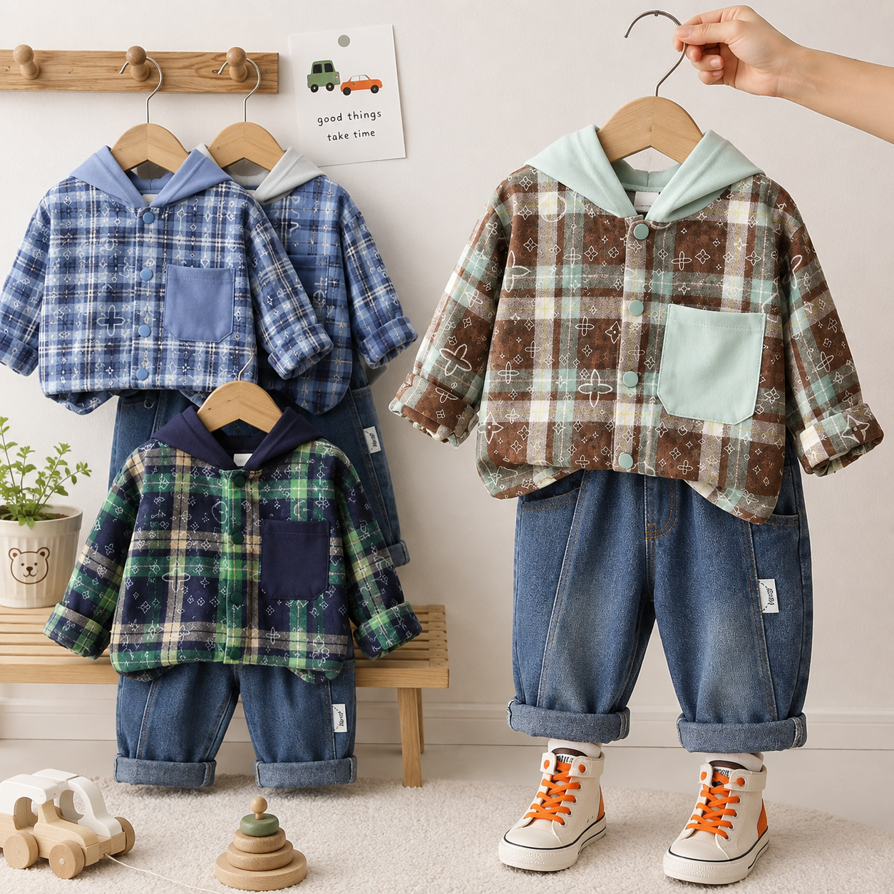 Boys Hooded Plaid Jacket & Denim Set – 2 Piece