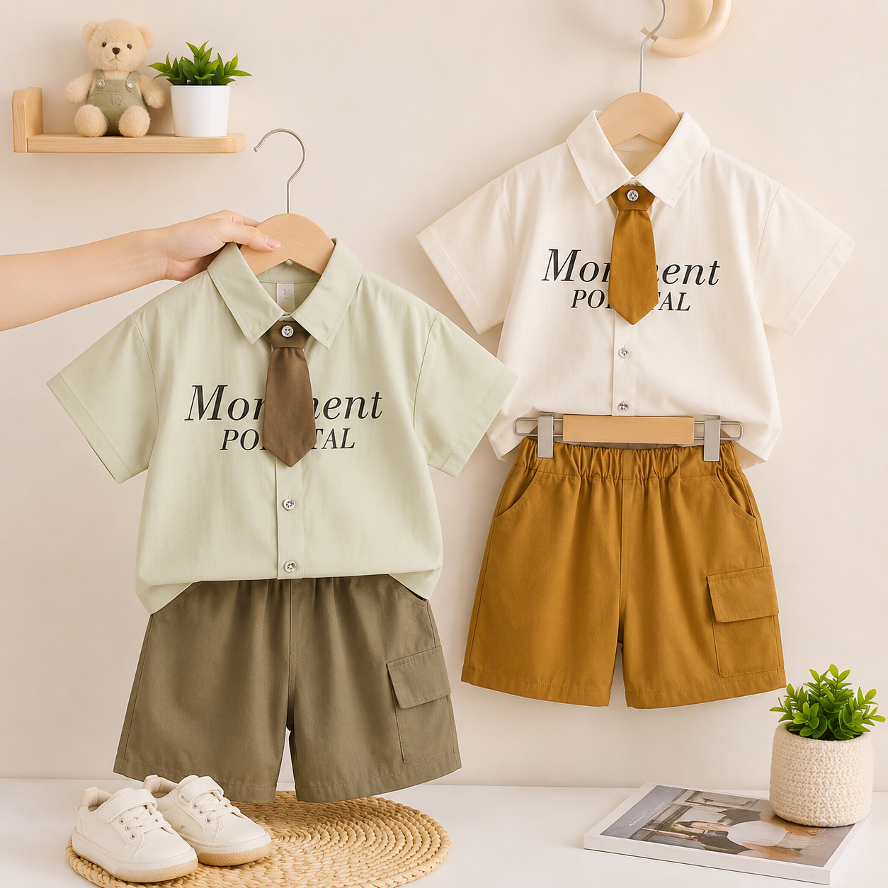 Boys Formal Shirt & Cargo Shorts Set with Tie