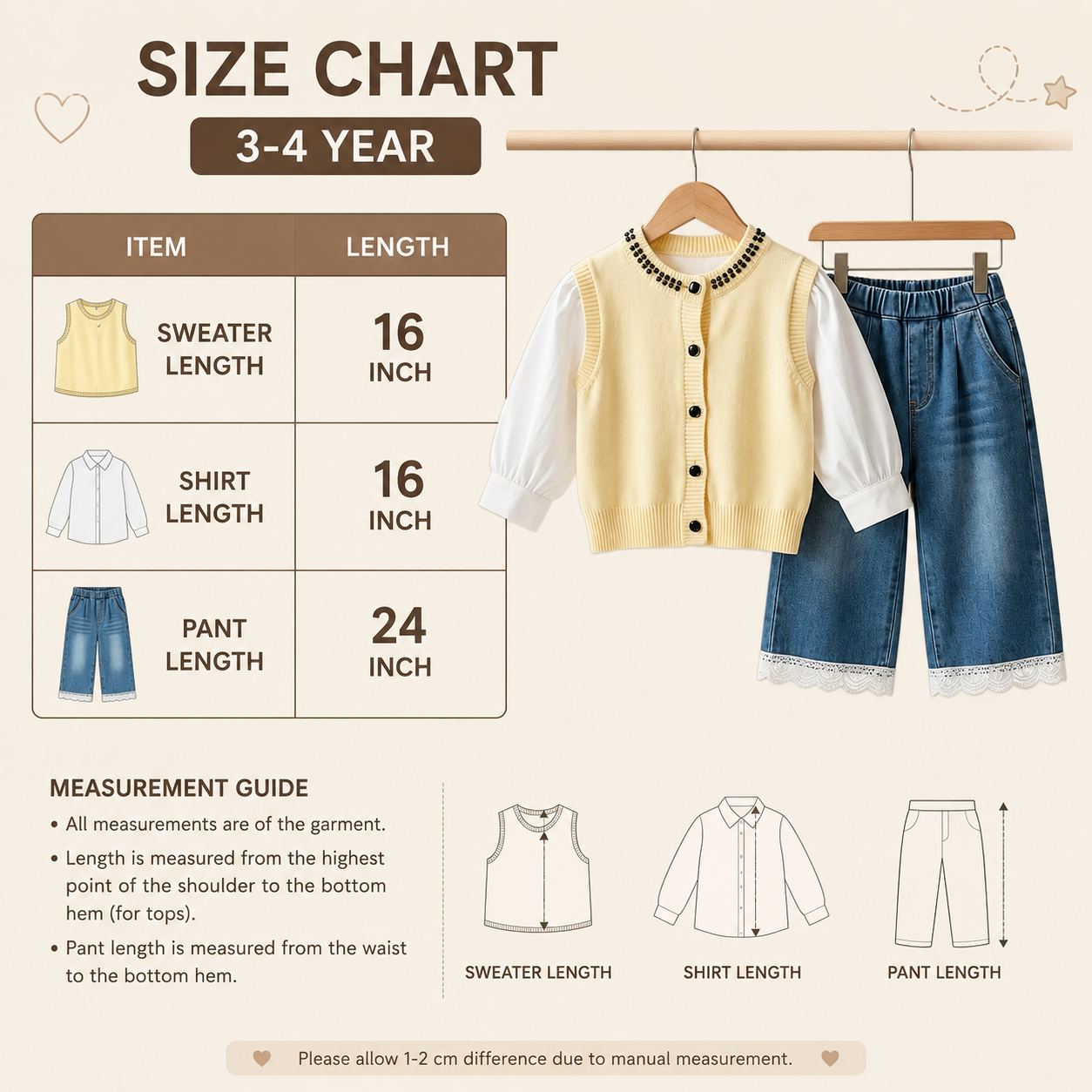Girls Pearl Knit Cardigan & Denim Pants Set – 3 Piece