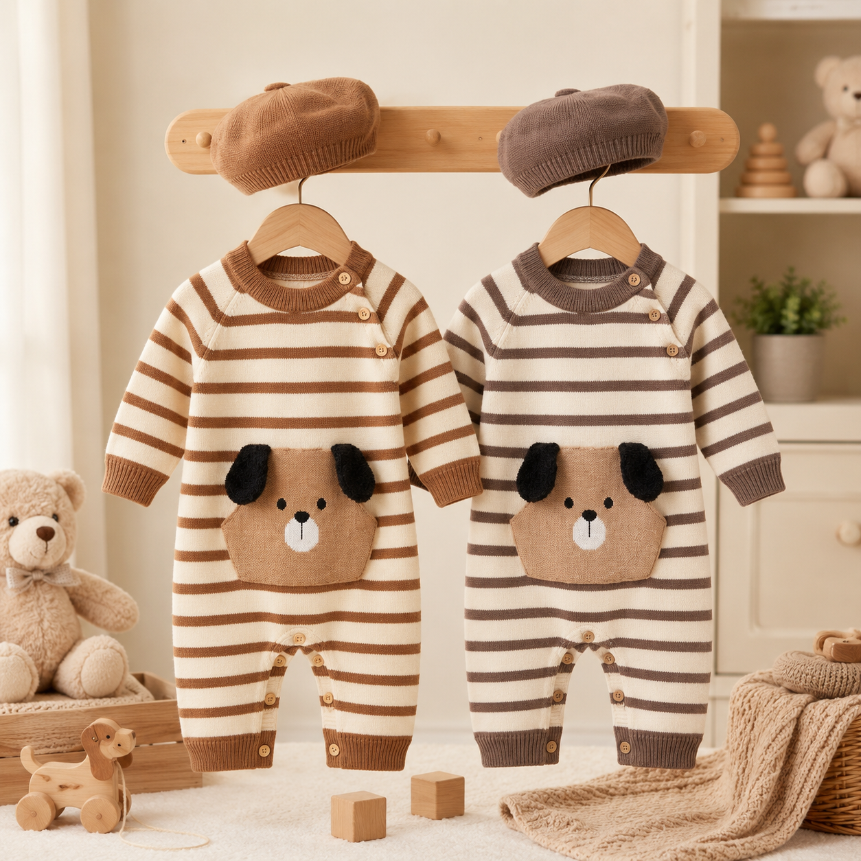 Baby Puppy Pocket Knitted Romper with Beret