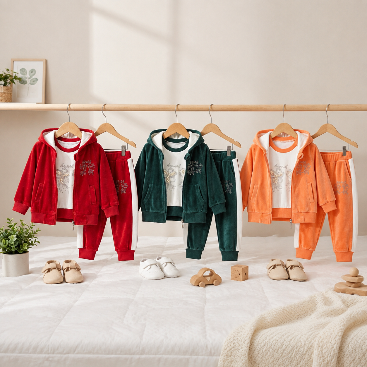 Girls Velvet Winter 3-Piece Hooded Tracksuit Set