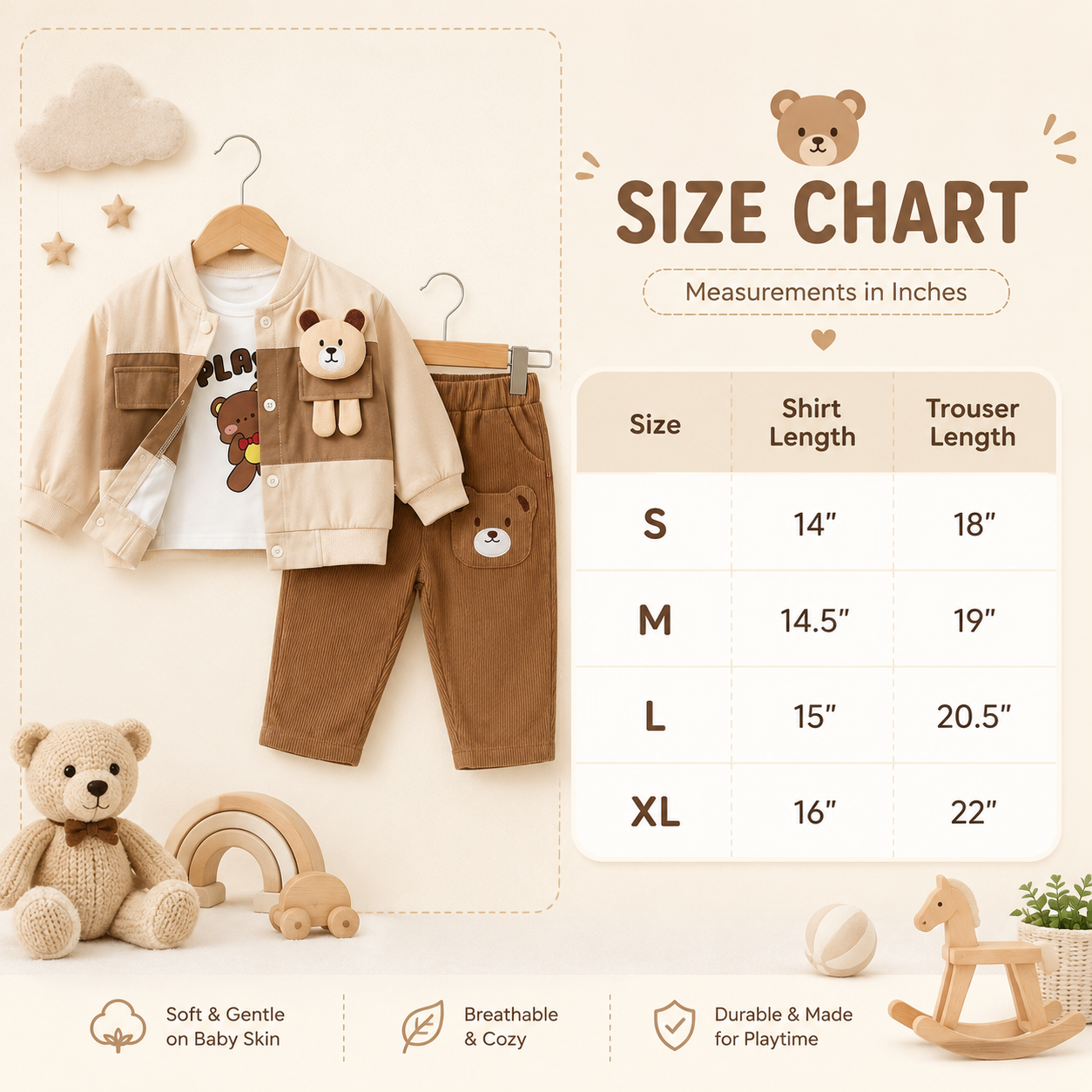 Bear Patch 3-Piece Kids Outfit – 2 Colors