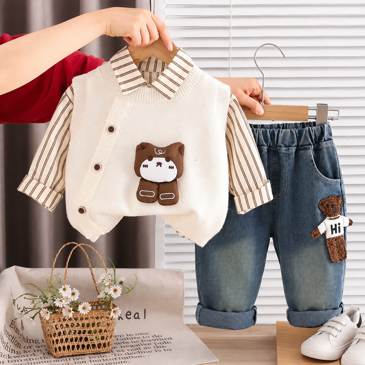 Teddy Knit Vest 3-Piece Boys Outfit