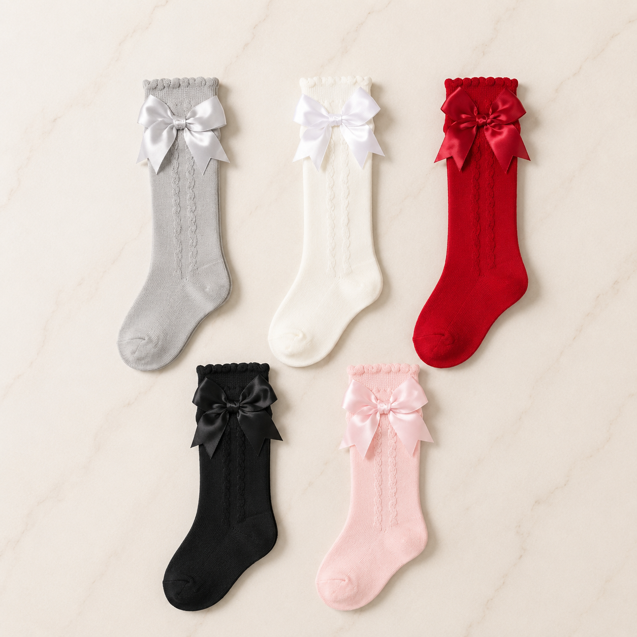 Girls Satin Bow Long Socks – 5 Colors
