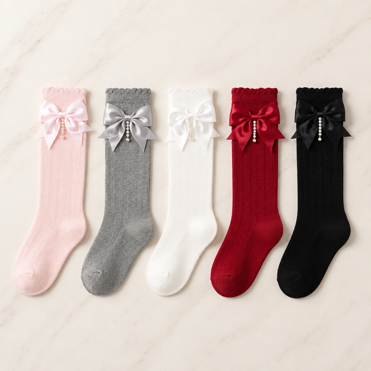 Girls Bow Pearl Long Socks – 5 Colors