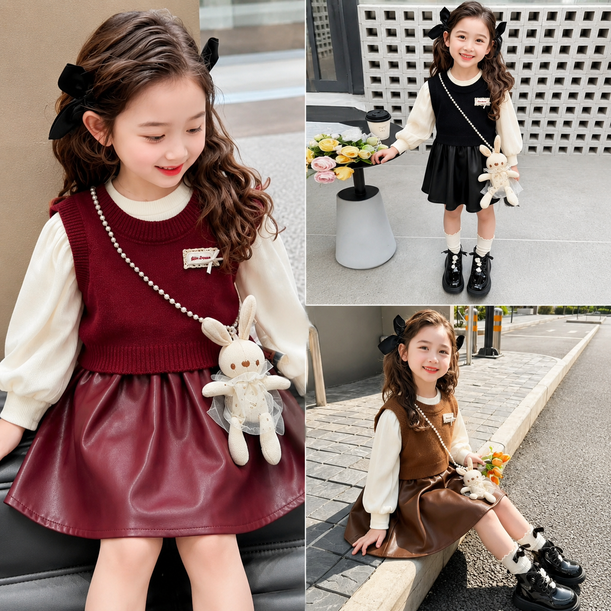 Girls Bunny Charm Sweater & frock SGirls Knit Vest Leather Frock Set – 3 PCet