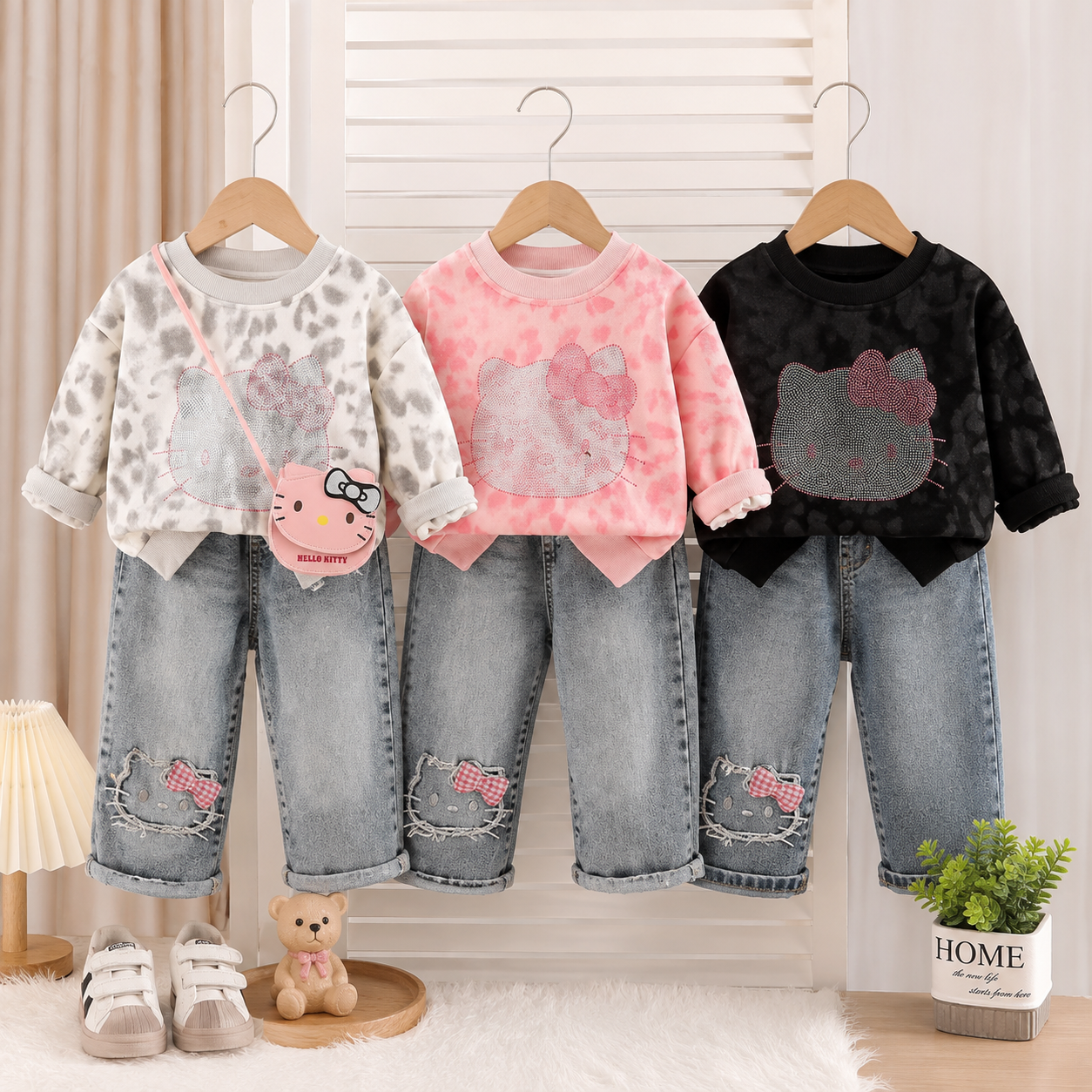 Girls Character Denim 3-Piece Set with Bag – 3 Colors