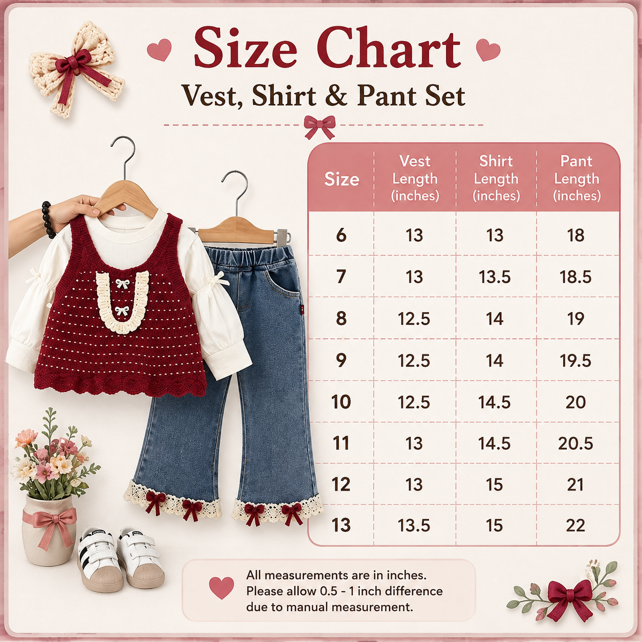 Girls Knit Vest 3-Piece Denim Set – 2 Colors