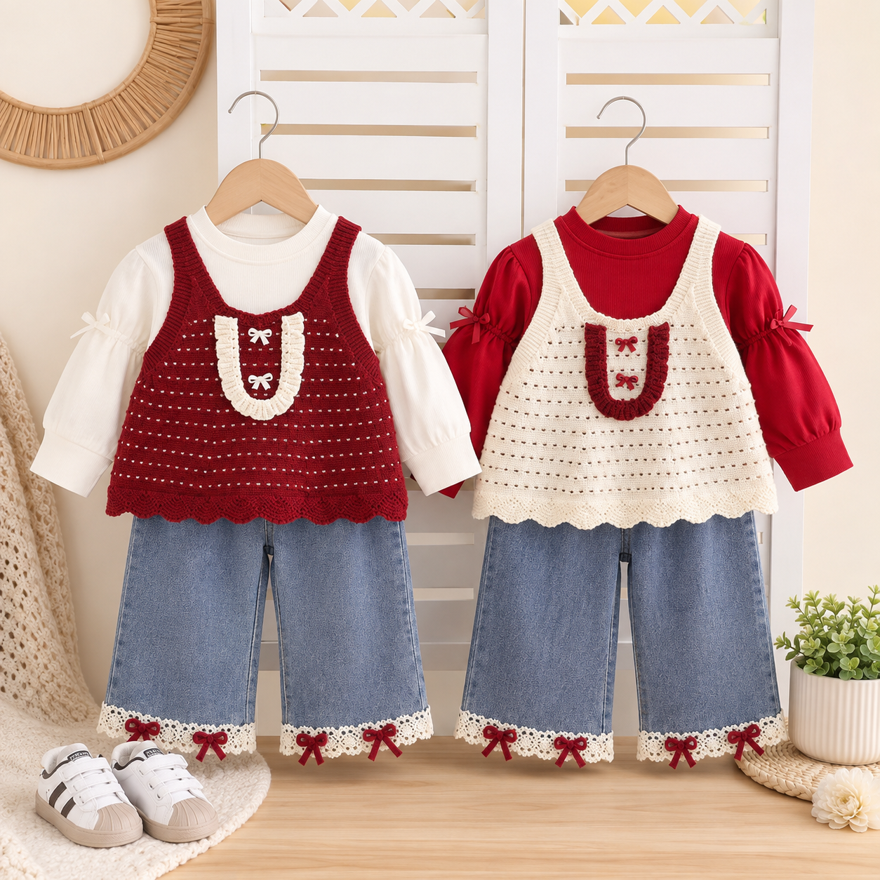 Girls Knit Vest 3-Piece Denim Set – 2 Colors