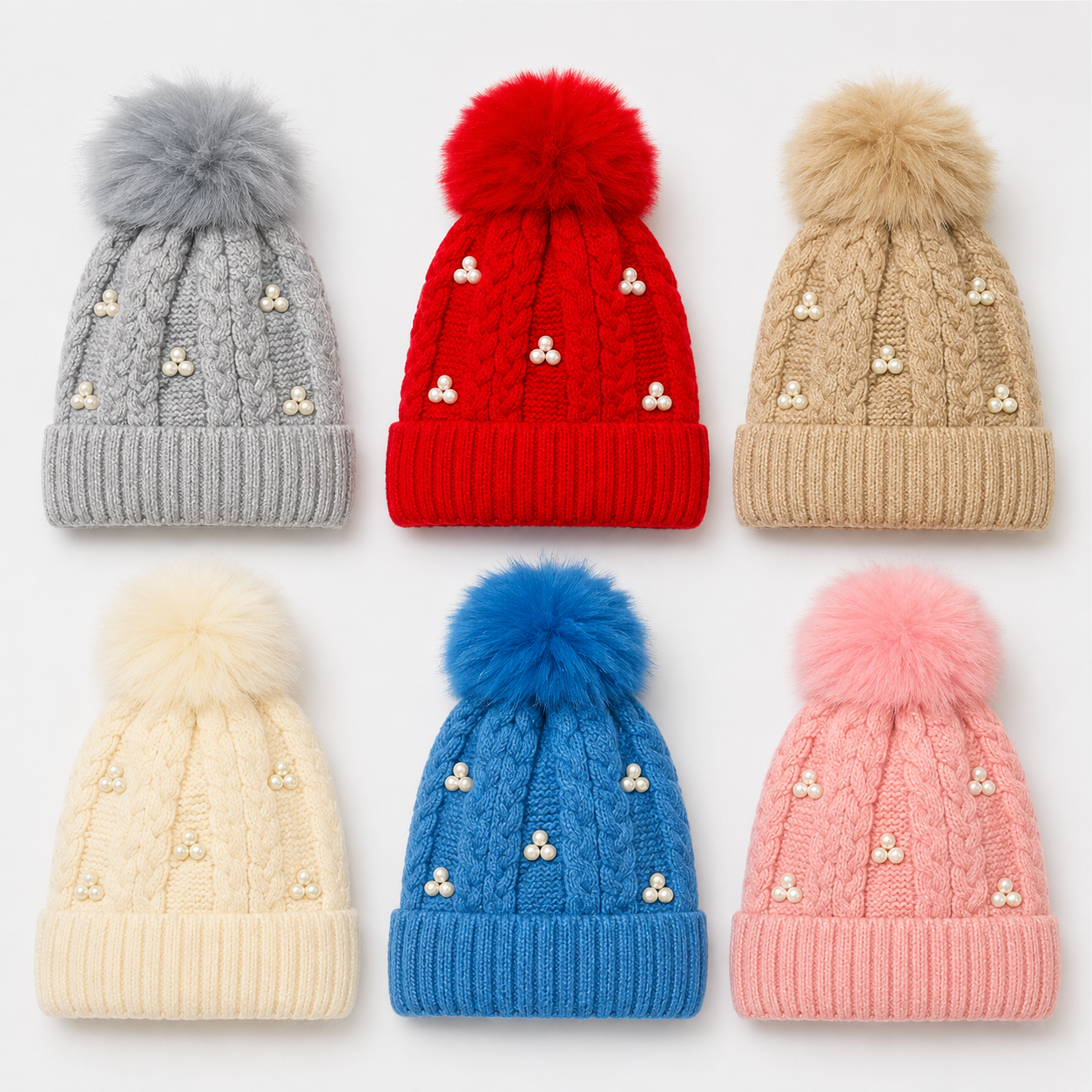Pearl Pom-Pom Knitted Winter Cap – 6 Colors