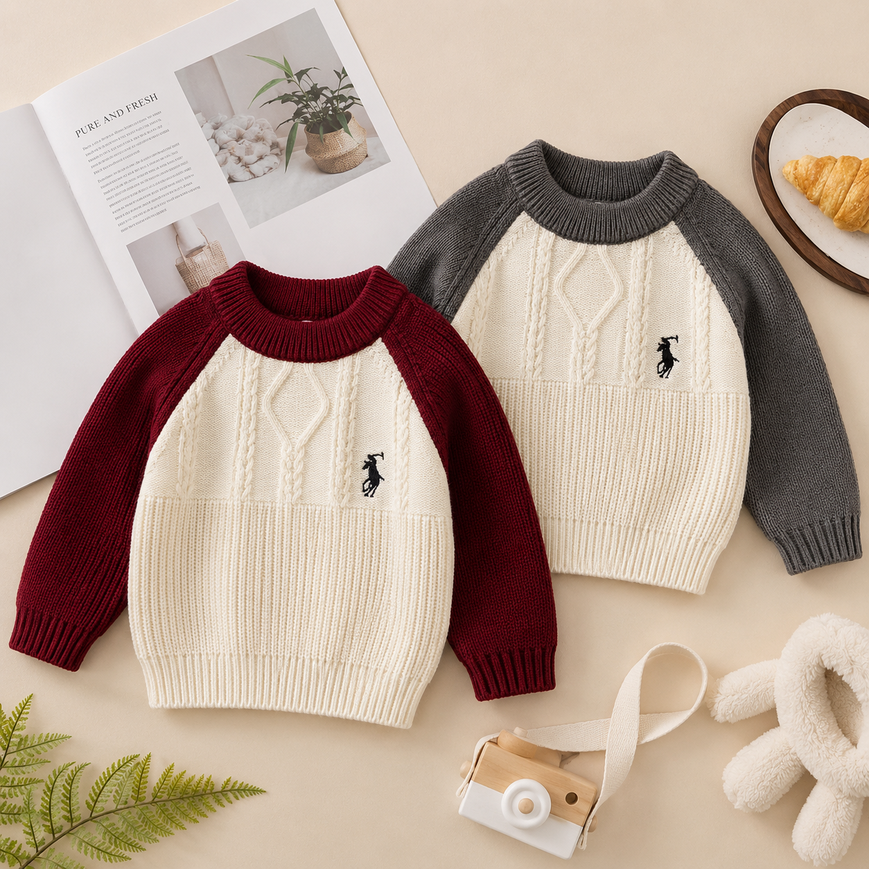 Kids Cable Knit Colorblock Sweater – 2 Colors